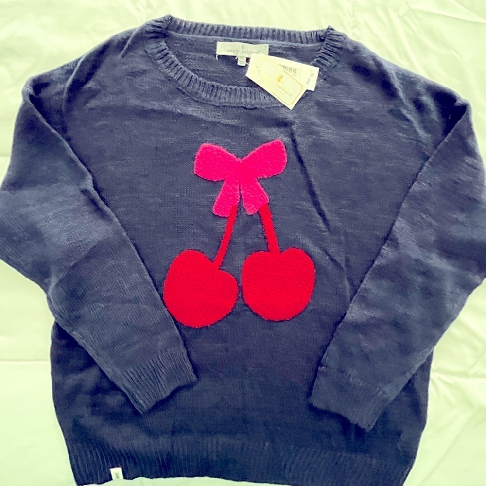 Simply Southern Navy Sweater with Red Cherry Design. Size S/M